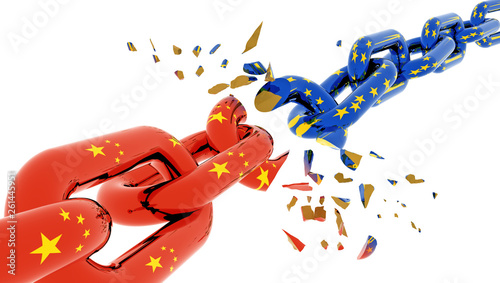 china europe european  crisis flag chain break suttered in peaces - 3d rendering photo