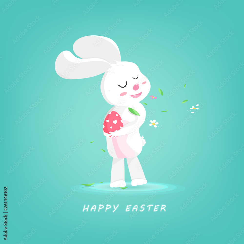 Happy Easter, greeting card, cute rabbit holding the egg in spring seasonal holiday, flower and leaves falling on the floor, cartoon characters invitation poster background vector Happy Easter, greeting card, cute rabbit holding the egg in spring seasonal holiday, flower and leaves falling on the floor, cartoon characters invitation poster background vector