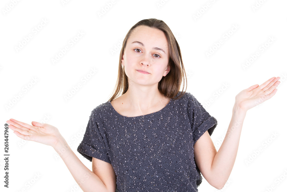 beautiful young woman showing something on both empty hands for choice of products in white background studio beautiful young woman showing something on both empty hands for choice of products in white background studio
