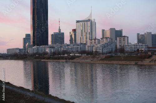 Vienna, Austria. A view of the Danube River with Harry Seidler designed modernist buildings and the UN City. photo