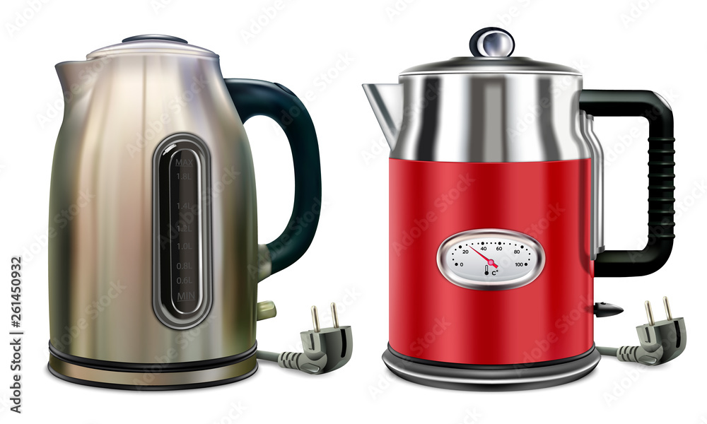Electric kettles set of two appliances for home use in the kitchen. For boiling water for tea or coffee. Isolated on white background vector illustration Electric kettles set of two appliances for home use in the kitchen. For boiling water for tea or coffee. Isolated on white background vector illustration