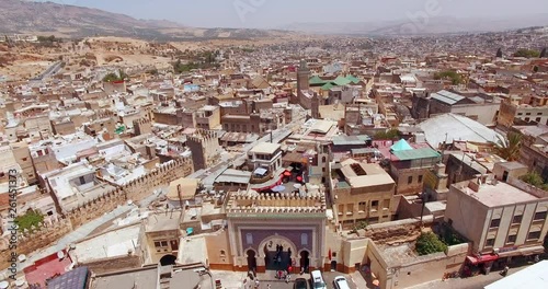FEZ, MOROCCO. Panoramic aerial 4K view of the Old Medina. Historic area in sunny day.