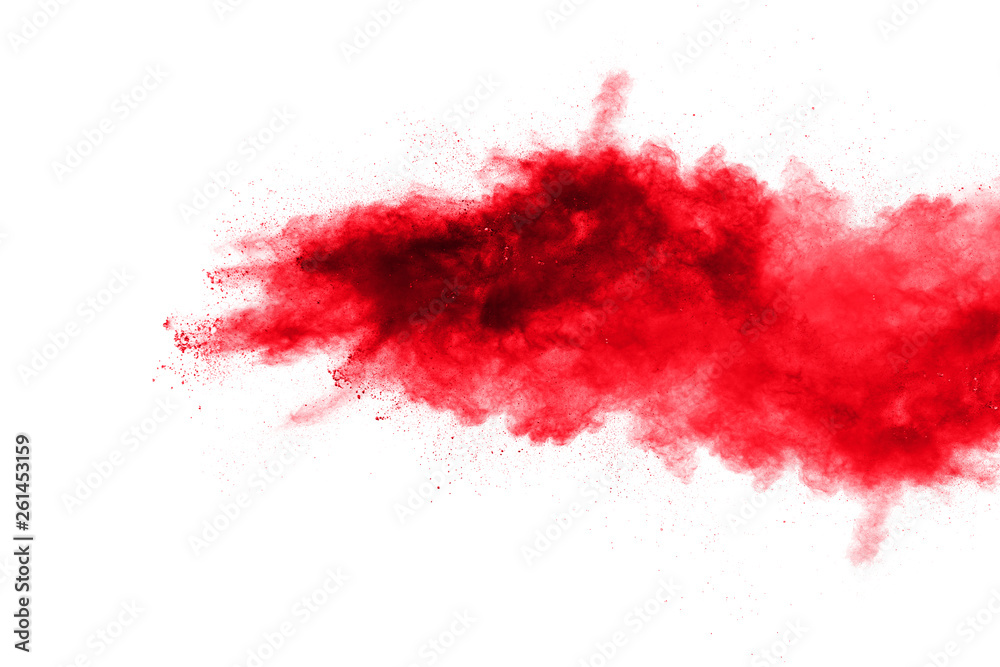 Red powder explosion on white background. Freeze motion of red dust particles splash.