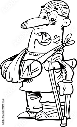 An injured cartoon man in bandages