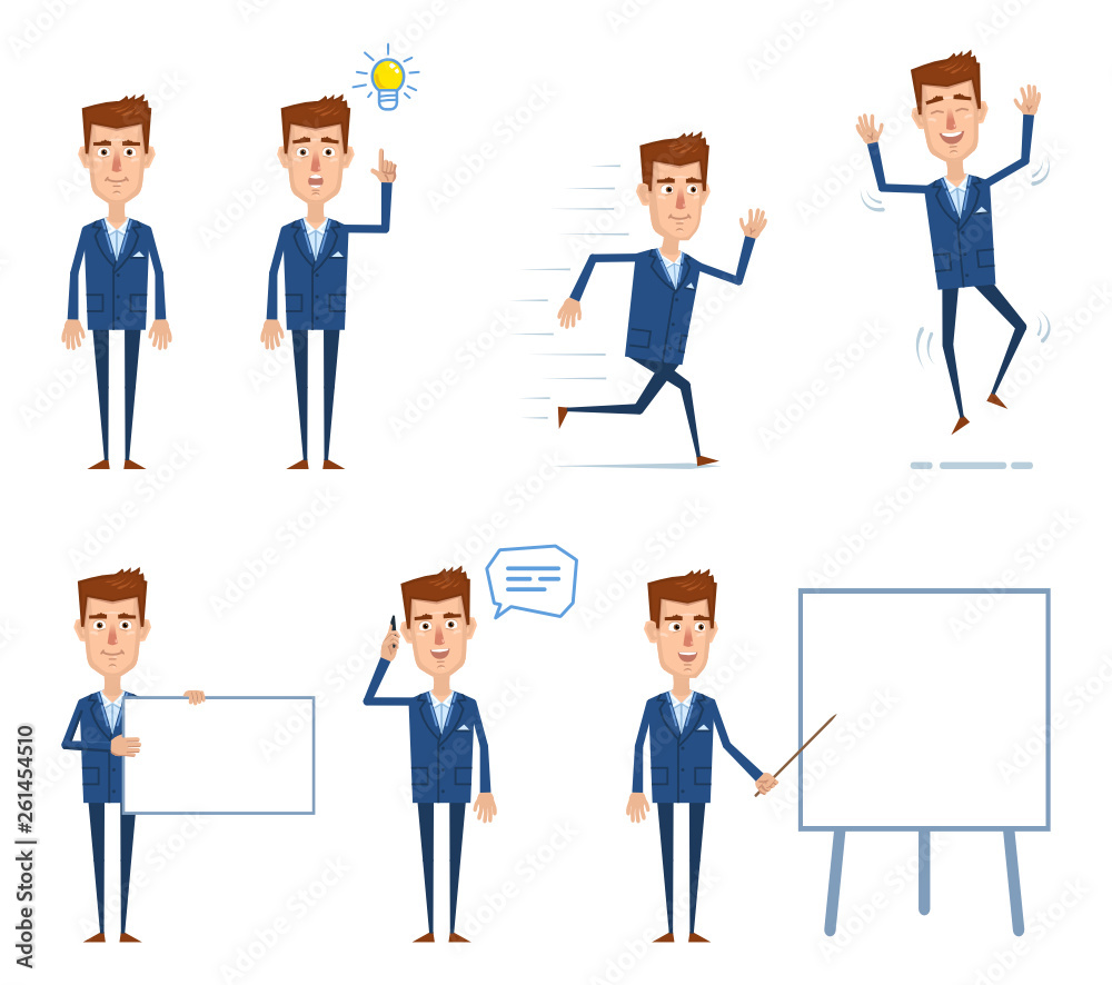 Set of businessman characters posing in different situations. Cheerful businessman pointing up, running, jumping, talking on phone, holding banner, teaching. Flat style vector illustration Set of businessman characters posing in different situations. Cheerful businessman pointing up, running, jumping, talking on phone, holding banner, teaching. Flat style vector illustration