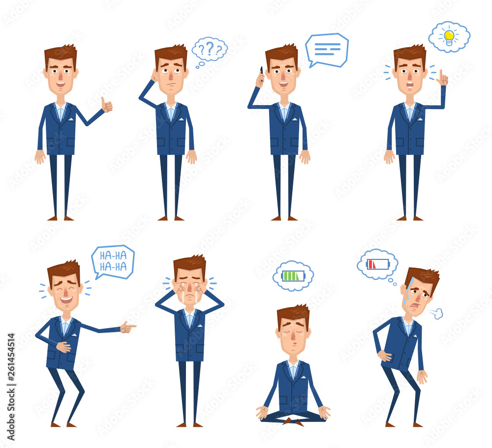 Set of businessman characters posing in different situations. Cheerful businessman talking on phone, thinking, laughing, pointing, crying, tired, meditating. Flat vector illustration
