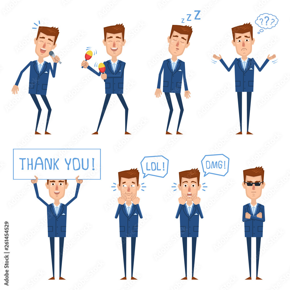 Set of a businessman characters in different situations . Funny businessman singing, dancing and showing other actions. Flat design vector illustration Set of a businessman characters in different situations . Funny businessman singing, dancing and showing other actions. Flat design vector illustration