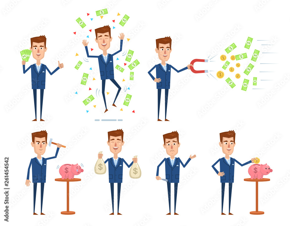 Set of businessman characters posing in different situations. Successful businessman posing with piggy bank, money bags. Finance, money concept. Flat design vector illustration