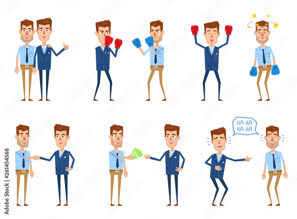 Set of businessman characters in different situations. Conflict, rivalry, cooperation, business team concept. Giving money, handshaking, laughing together. Simple vector illustration