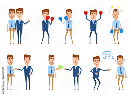 Set of businessman characters in different situations. Conflict, rivalry, cooperation, business team concept. Giving money, handshaking, laughing together. Simple vector illustration