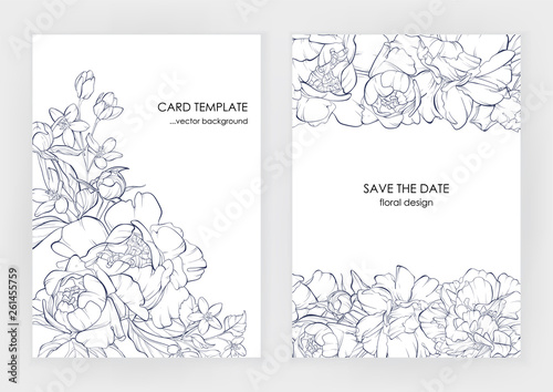 Botanical wedding invitation card template design, climbing rose line art ink drawing on white