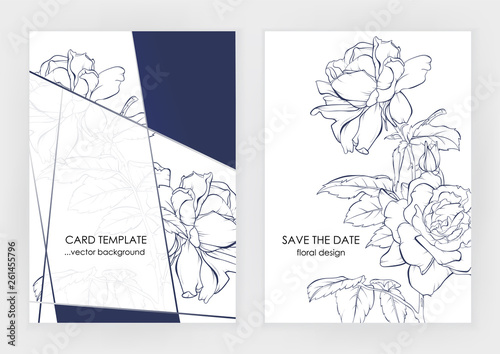 Minimalist wedding invitation card template design, floral dark blue line art ink drawing with square frame with beautiful rose.