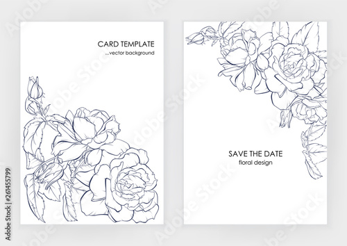 Minimalist wedding invitation card template design, floral dark blue line art ink drawing with square frame with beautiful rose.