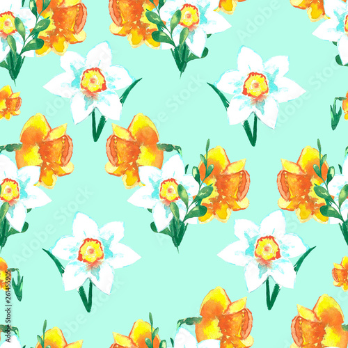 Beautiful spring floral background with bright colorful daffodils. Hand painted watercolor illustration.