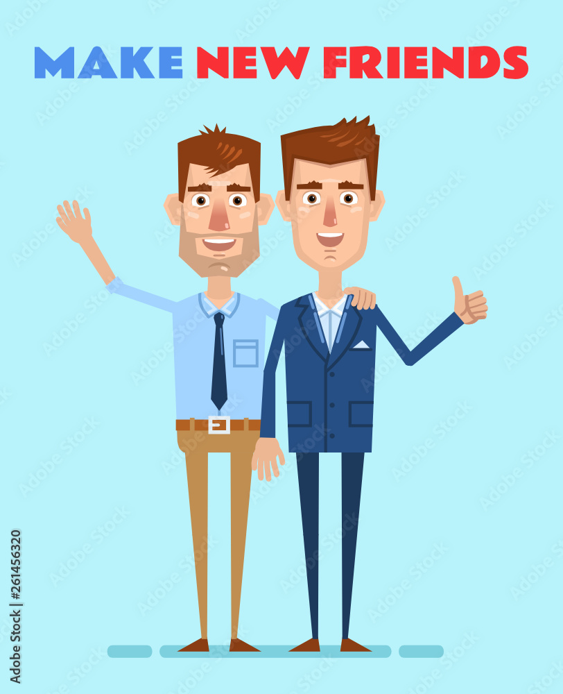 Two cheerful man stands near each other and greets. Make new friends concept, Simple vector illustration Two cheerful man stands near each other and greets. Make new friends concept, Simple vector illustration