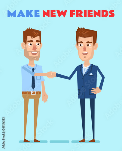 Two cheerful man make a handshake. Make new friends concept. Simple vector illustration