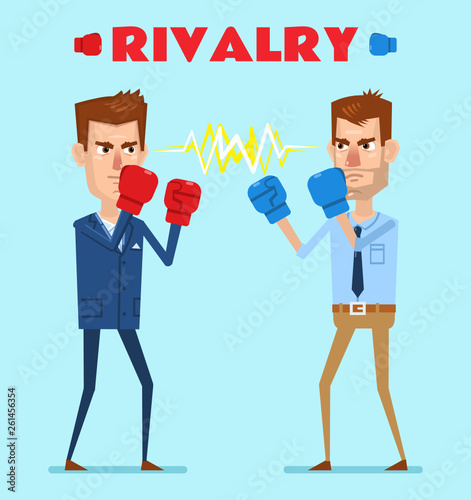 Two man with boxing gloves stand in stance and ready to fight. Business rivalry concept. Simple vector illustration