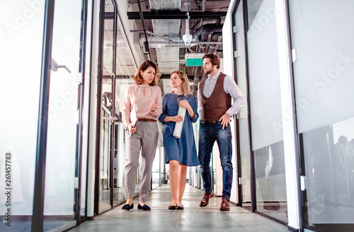 Fényképezés Group of business people walking in an office building, talking.
