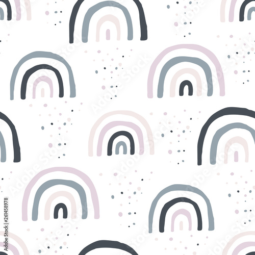Fototapeta Cute doodle vector pattern with rainbows and clouds