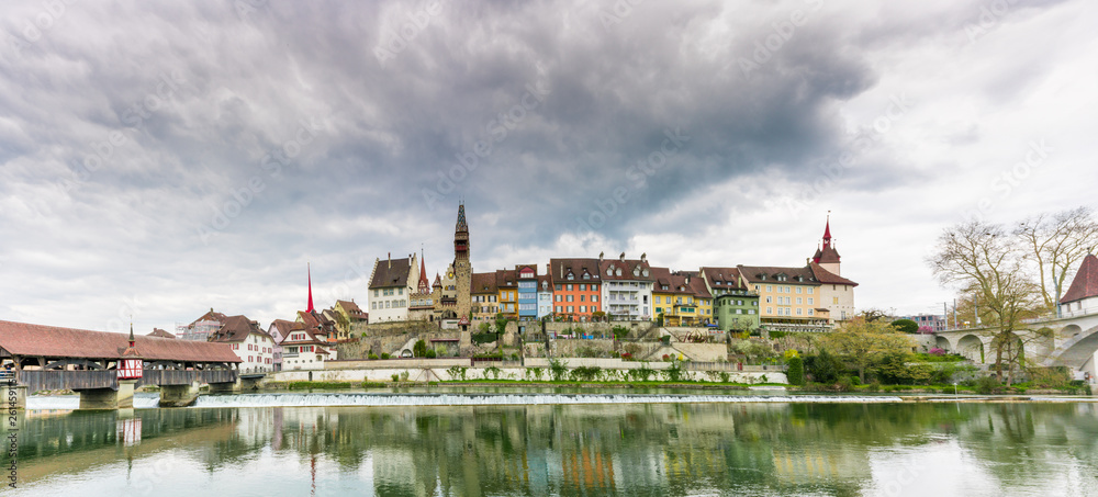 view of the old historic town of Bremgarten and the river Reuss