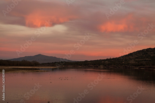 Sunset in the reservoir of Manzanares el Real, Madrid. Sierra de Guadarrama National Park