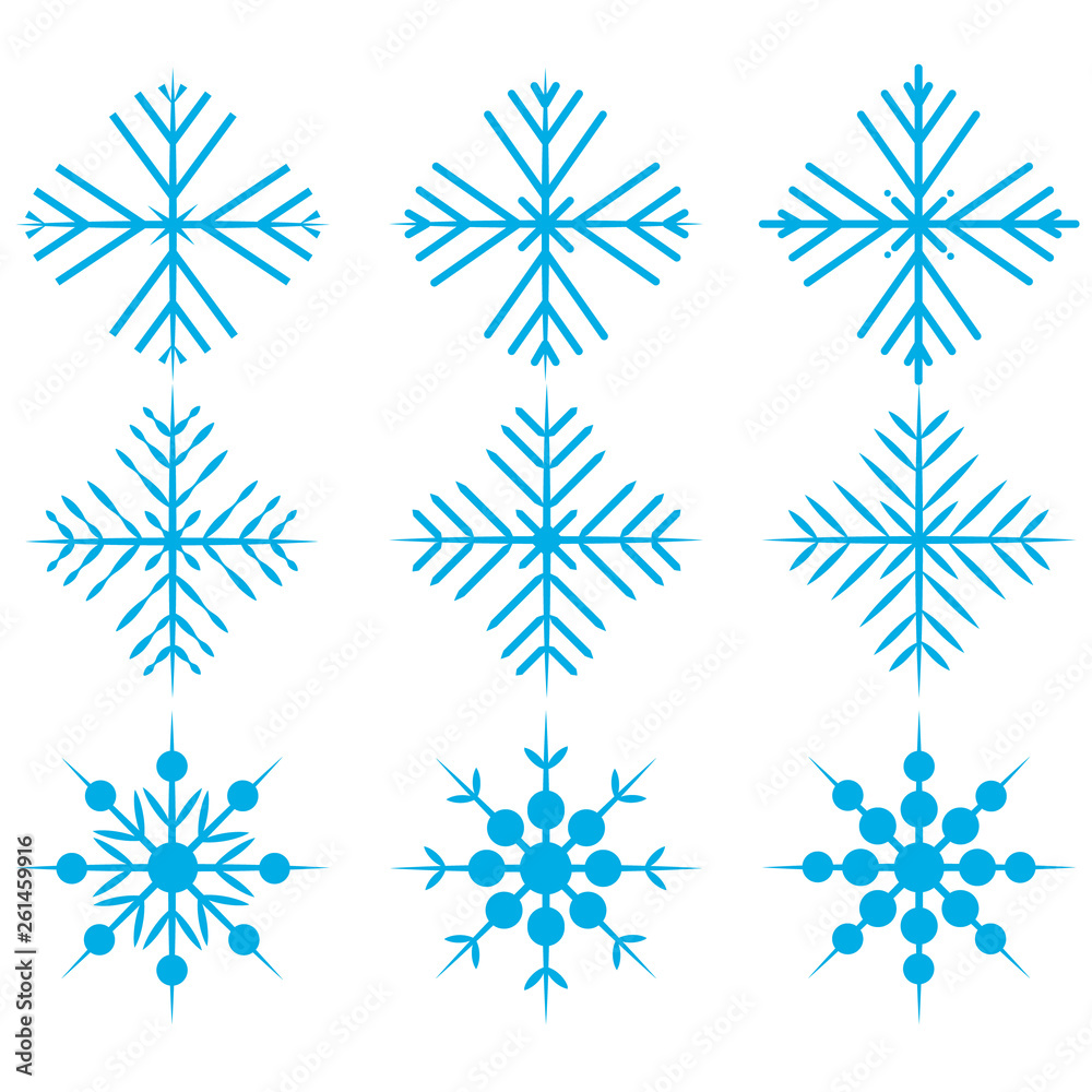 snowflake winter set of blue isolated nine icon silhouette on white background snowflake winter set of blue isolated nine icon silhouette on white background