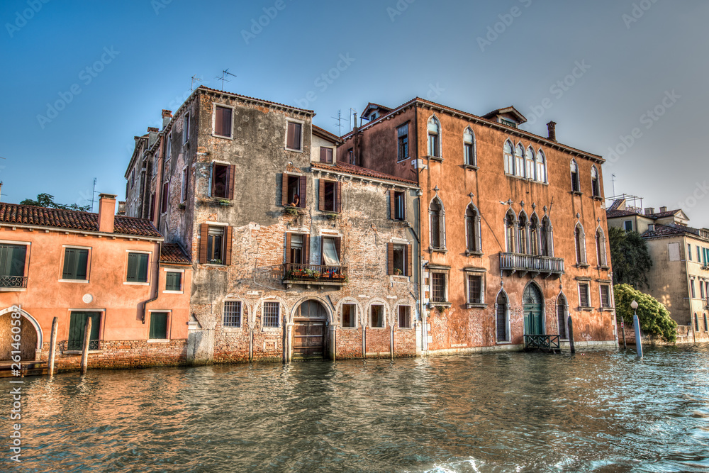 Venice street scene with romantic building canal and gondolas