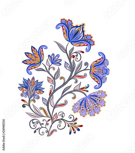 Bouquet of fantastic flowers. Background in ethnic traditional style.