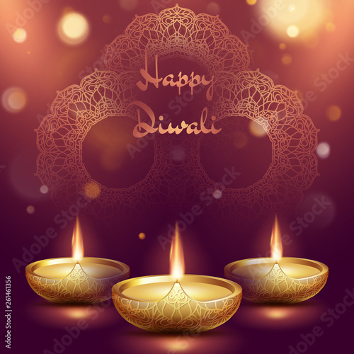 Happy diwali diya oil lamp template. Indian deepavali hindu festival of lights. EPS 10