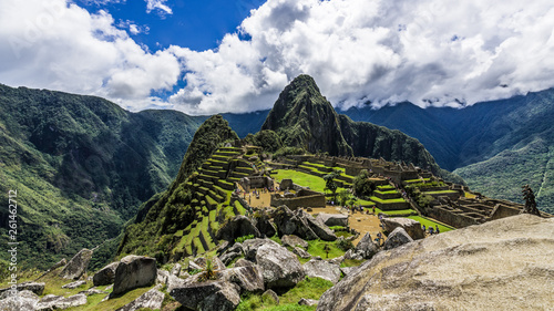 The lush green terraces of ancient Machu Picchu