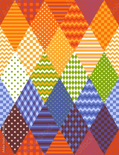 Colorful seamless patchwork pattern from rhombuses. Rainbow design. Print for fabric, textile, rug.