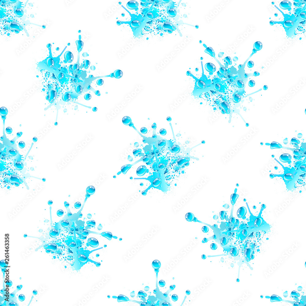 Seamless pattern of water drops of different shapes, isolated on white background.