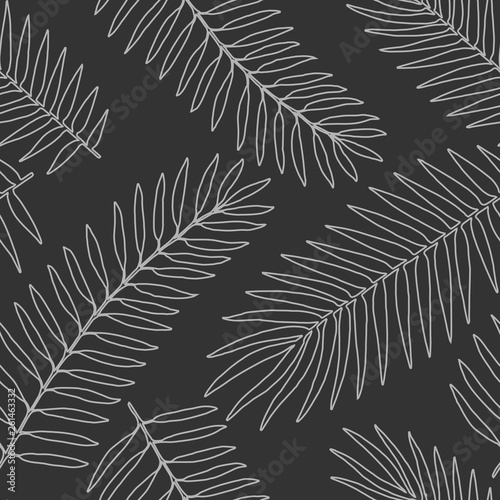 Seamless pattern with tropical palm leaves black and white monochrome background