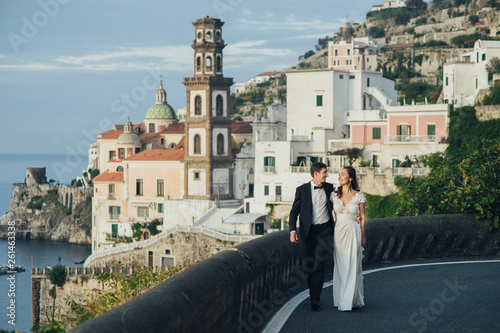 Young wedding couple having fun Time  in Italy.