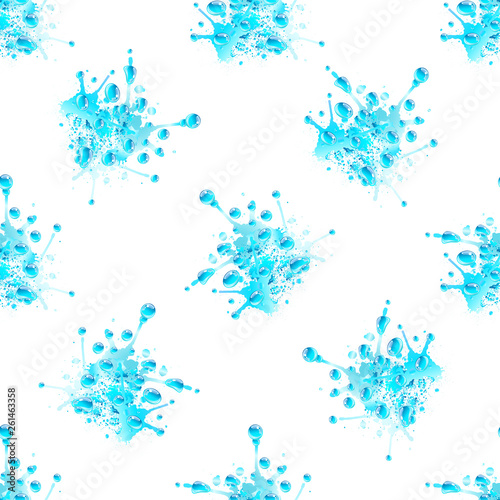Seamless pattern of water drops of different shapes, isolated on white background.