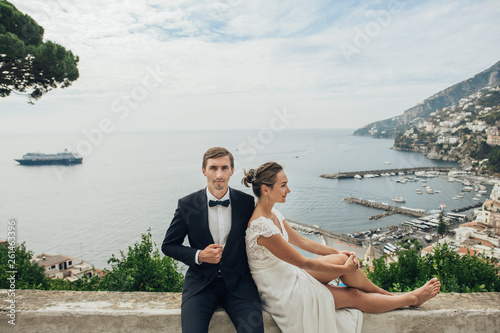 Young wedding couple having fun Time in Italy.