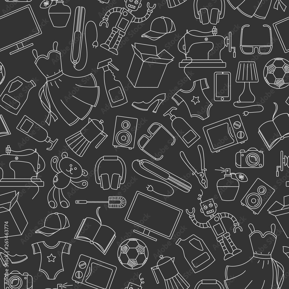 Seamless pattern on a variety of products and shopping, simple purchase icons, light contours on a dark background Seamless pattern on a variety of products and shopping, simple purchase icons, light contours on a dark background