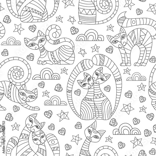 Seamless pattern with abstract cats, stars and hearts, dark outline drawings on white background