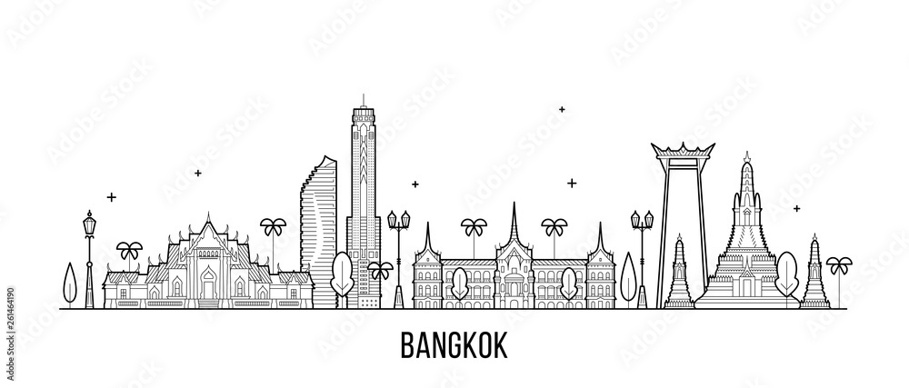 Bangkok skyline Thailand city vector linear style - obrazy, fototapety, plakaty 