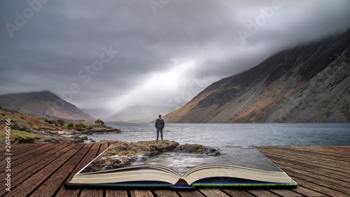 Stunning long exposure landscape image of Wast Water in UK Lake District coming out of pages in story book