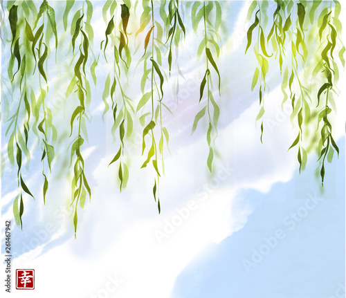 Green willow tree on blue sky background. Traditional Japanese ink wash painting sumi-e. Sign - eternity.