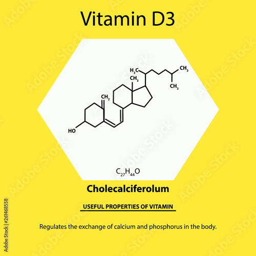 Vitamin D3. Cholecalciferolum Molecular chemical formula. Useful properties of vitamin. Infographics. Vector illustration on isolated background.