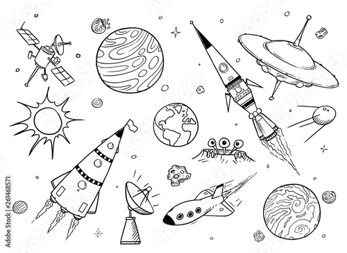 Set of Cartoon Alien Spaceships, UFO, Rockets, Planets and Space Props