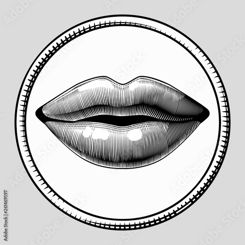 Female sexy lips. Vintage engraving stylized drawing. Vector illustration