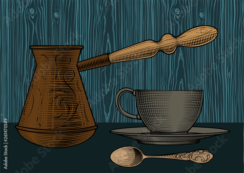 Coffee collection. Cup of coffee, coffee spoon, Arabian Turk. Coffee concept. Vintage engravings stylized as a drawing. Vector illustration