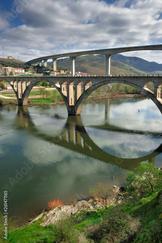 Beautiful bridges over the Douro River in the city of Regua in Portugal. Rural landscape