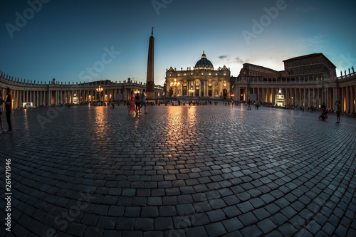 Saint Peter Square and Saint Peter Basilica at sunset time