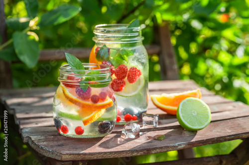 Closeup of lemonade with mix of fruits in summer