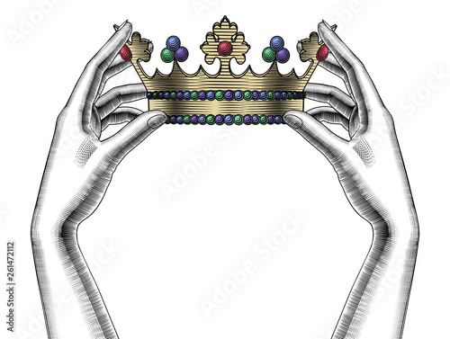 Female hands holding a gold crown. Vintage engraving stylized drawing. Vector illustration
