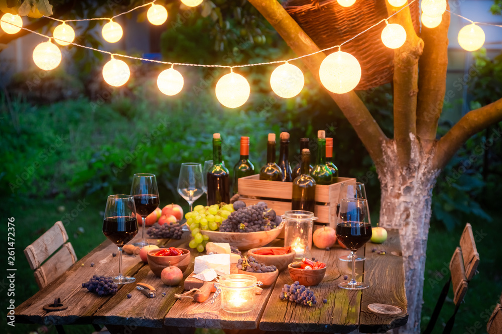 Rustic table with cheese, red wine in the evening